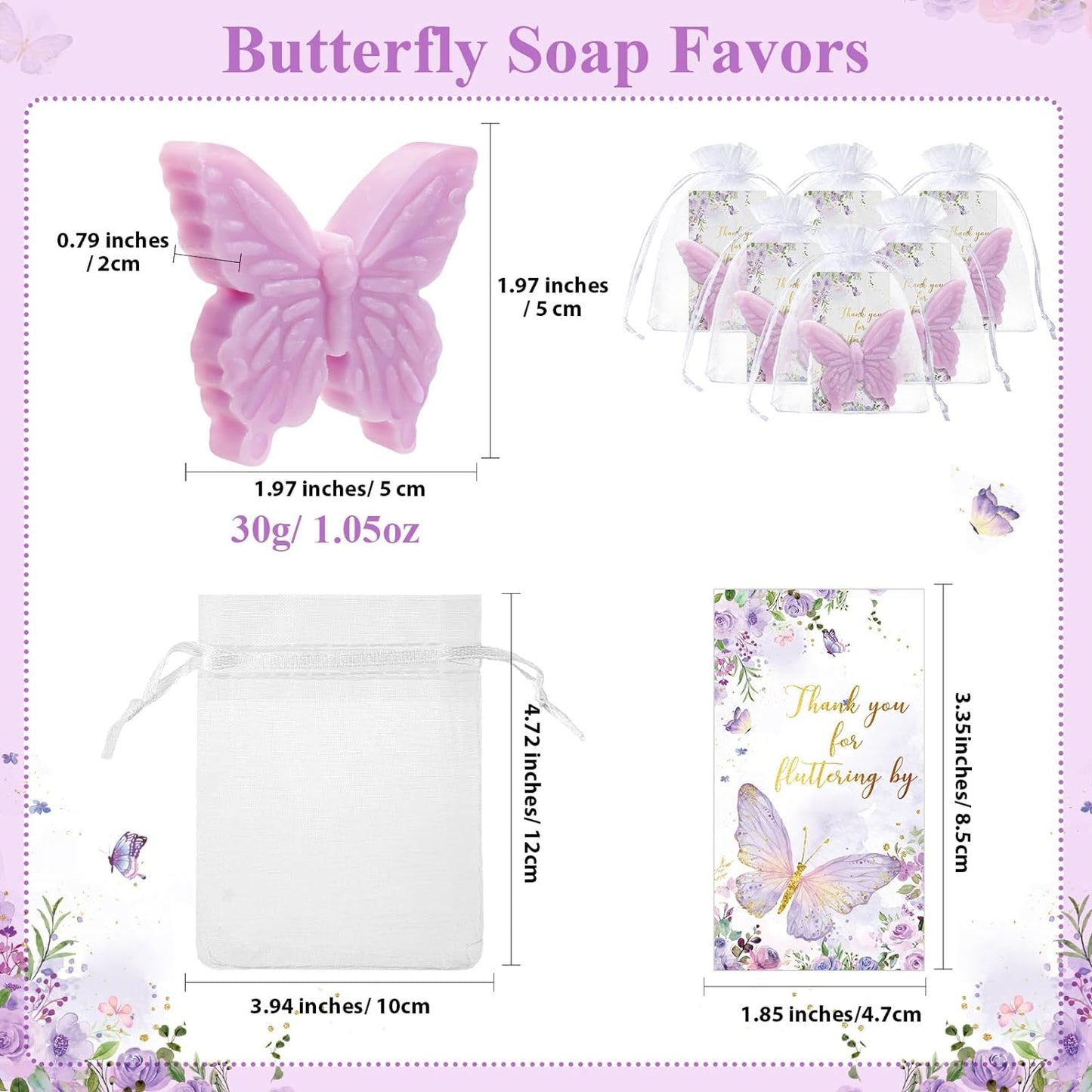 Dunzy 100 Set Butterfly Theme Baby Shower Favors for Guests Butterfly Soap Favors with Thanks You Cards Gift Bags Gender Reveal Baptism Party Decorations Wedding Bridal Souvenirs (Purple)