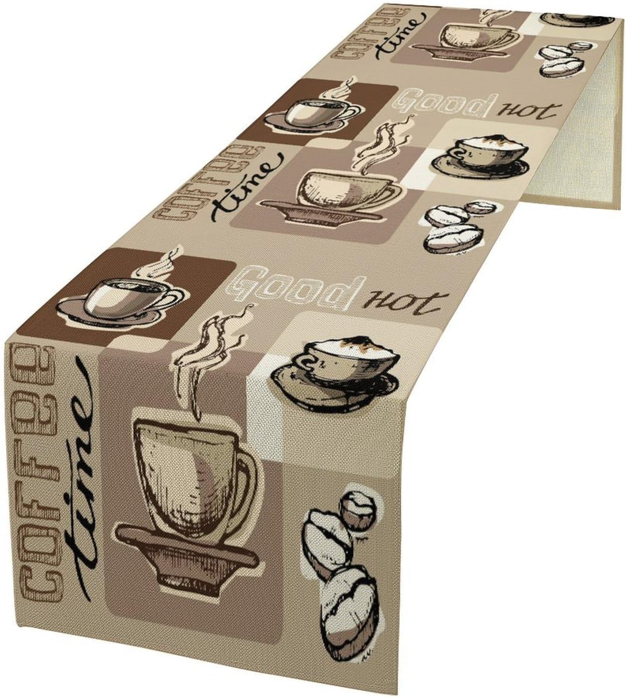 Coffee Table Runner,Vintage Style Coffee Cup Bean Abstract Theme Pattern Print Tablecloth Burlap for Hotel Indoors Outdoor Dining Room Kitchen Table Decor, 13x80in
