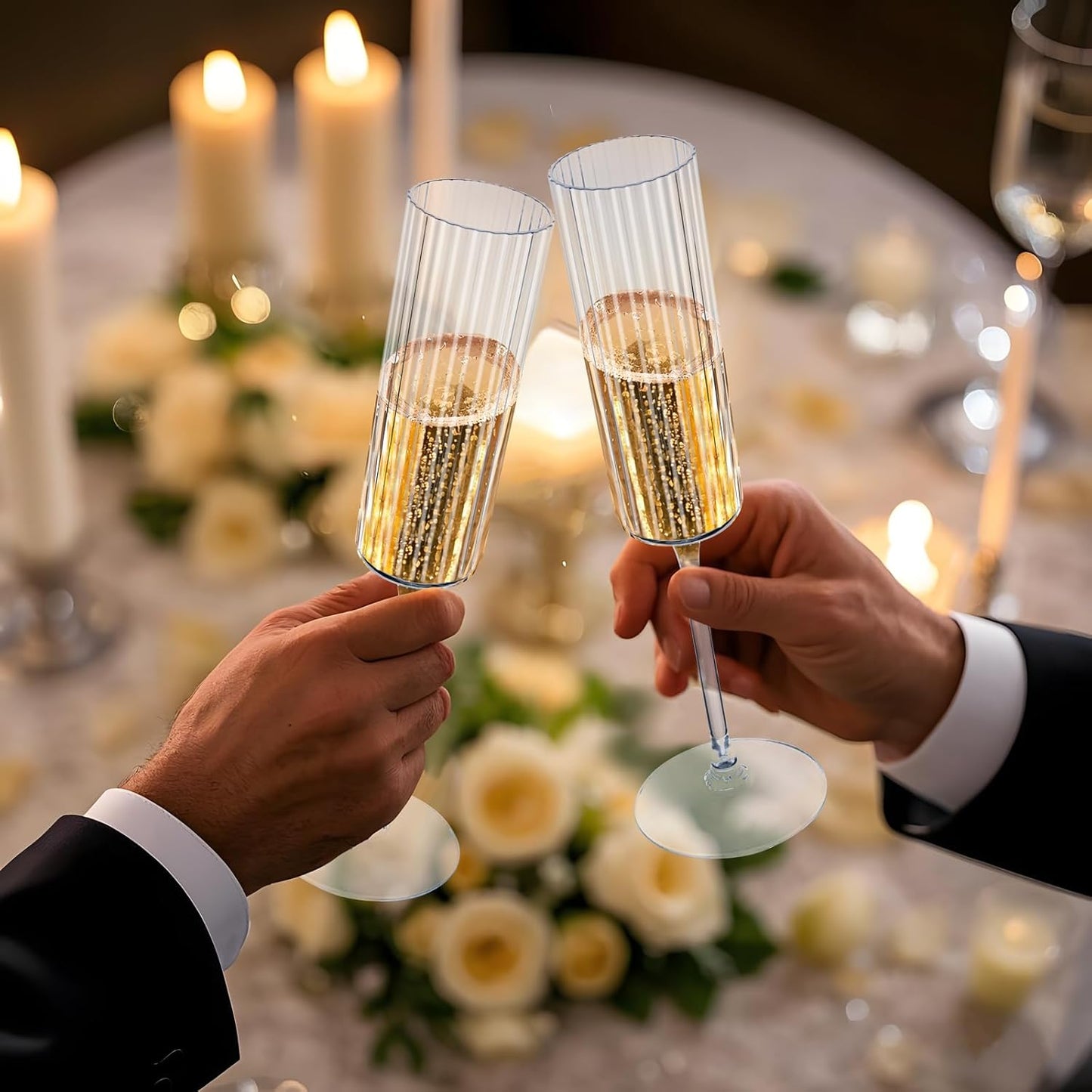 Ciaell 24 Pack Plastic Champagne Flutes - 6oz Ribbed Disposable Champagne Glasses - Clear Vintage Mimosa Glasses with Long Stem, Elegant & Lightweight for Weddings, Birthdays, Parties