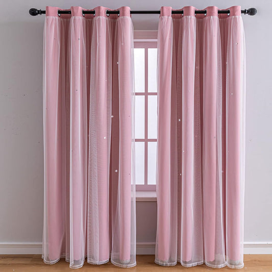 FANLI 2 Panels Star Blackout Curtains for Kid Girls Bedroom Living Room Darking Stripe Double Layer Star Cut Out Wall Home Decor Gradient Grommet Window Curtains (Pink 63L)