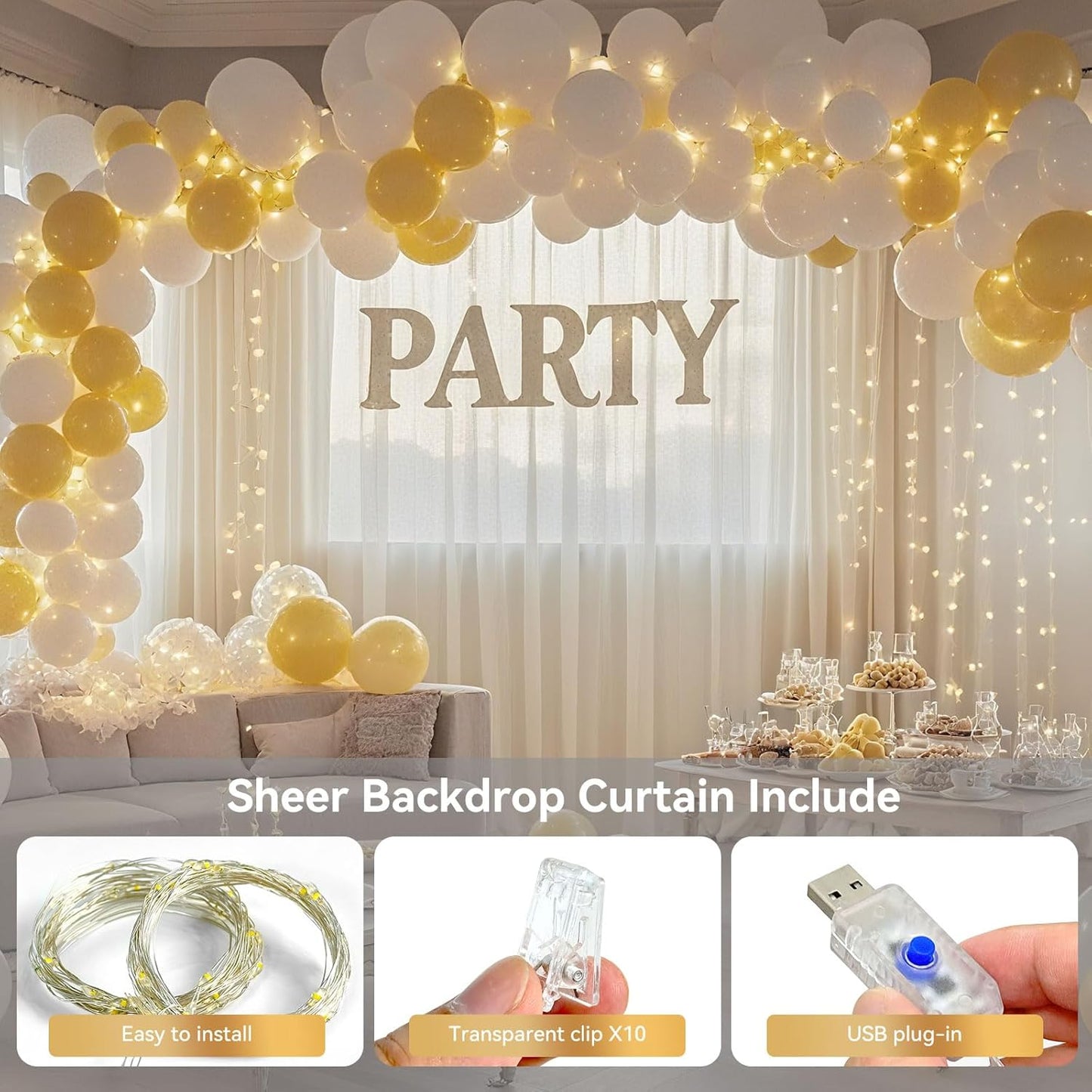 10×10ft Tulle Backdrop Curtains with Lights String - 300LED Fairy Lights Sheer Curtain Backdrop for Weddings Baby Shower and Birthday Party Decorations(6 Panels 5×10ft)
