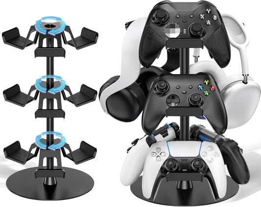 Headset Stand 3 Tiers for Desk, Rotatable Gaming Controller Stand for PS5/PS4/Xbox/Switch2/PS Portal/Phone, Universal PC Gamer Gift Accessory Controller/Headphone Holder for 9 Packs Controller