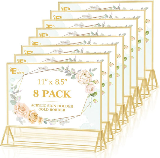 EHWINE 8 Pack Acrylic Sign Holder 8.5 x 11 Horizontal, Double-Sided Stand up Table Top Sign Holders, Gold Acrylic Picture Frame Menu Flyer Paper Holder Display Stand for Office Business Store Wedding Party