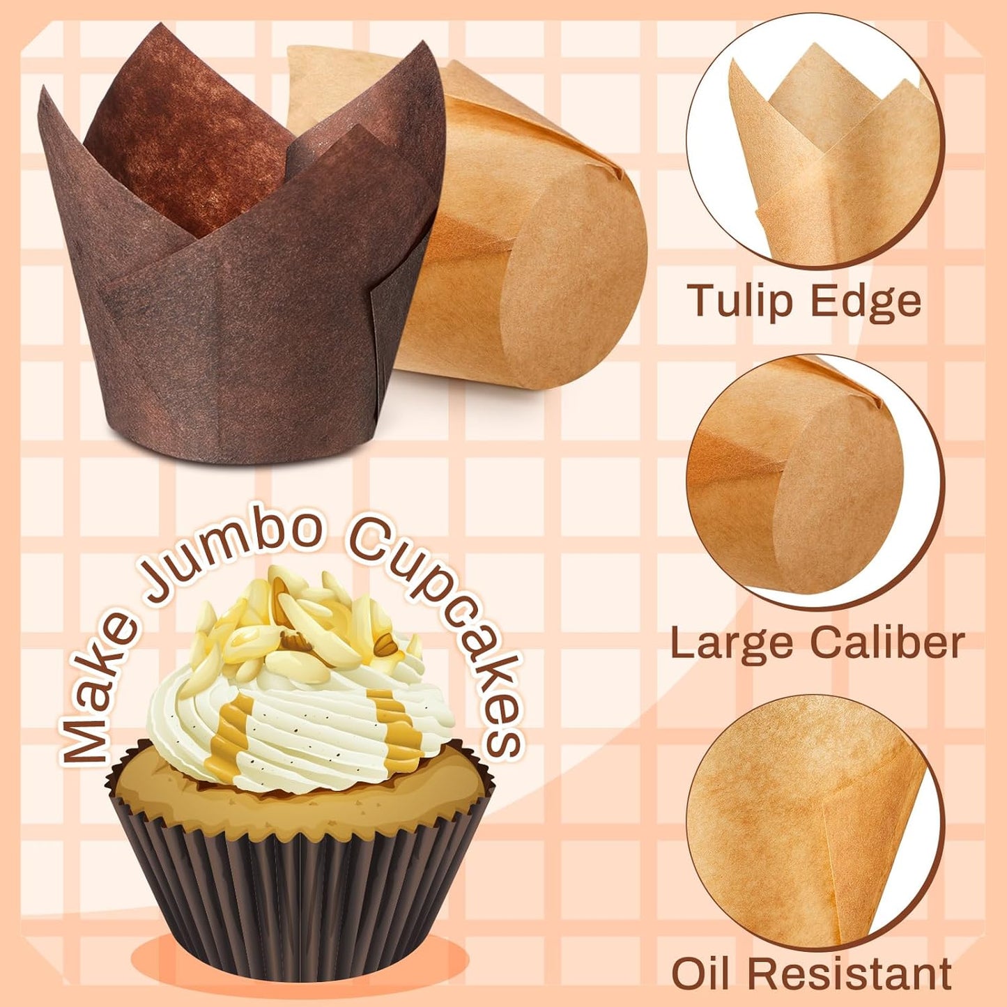 300 Pcs Jumbo Muffin Liners for Baking 2-1/4" x 4" Large Tulip Cupcake Liners Greaseproof Cupcake Wrapper Paper for Weddings Birthday Christmas Anniversaries Party (Light Brown,White,Brown)