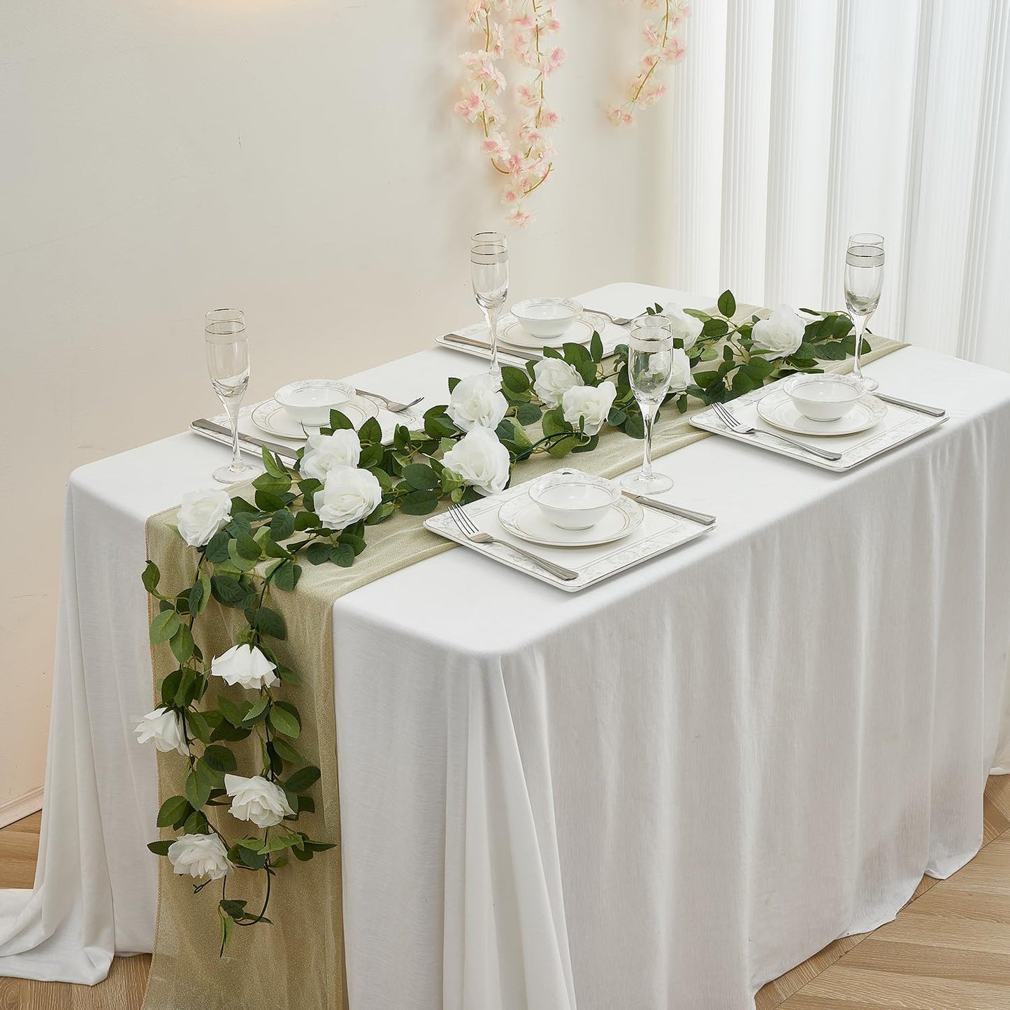 White Artificial Rose Garlands Rose Vines Leaves Banners Hanging Floral Garland Fake Rose Flower Vine for Wedding Arch Ceremony Home Garden Outdoor Party Wall Decorations