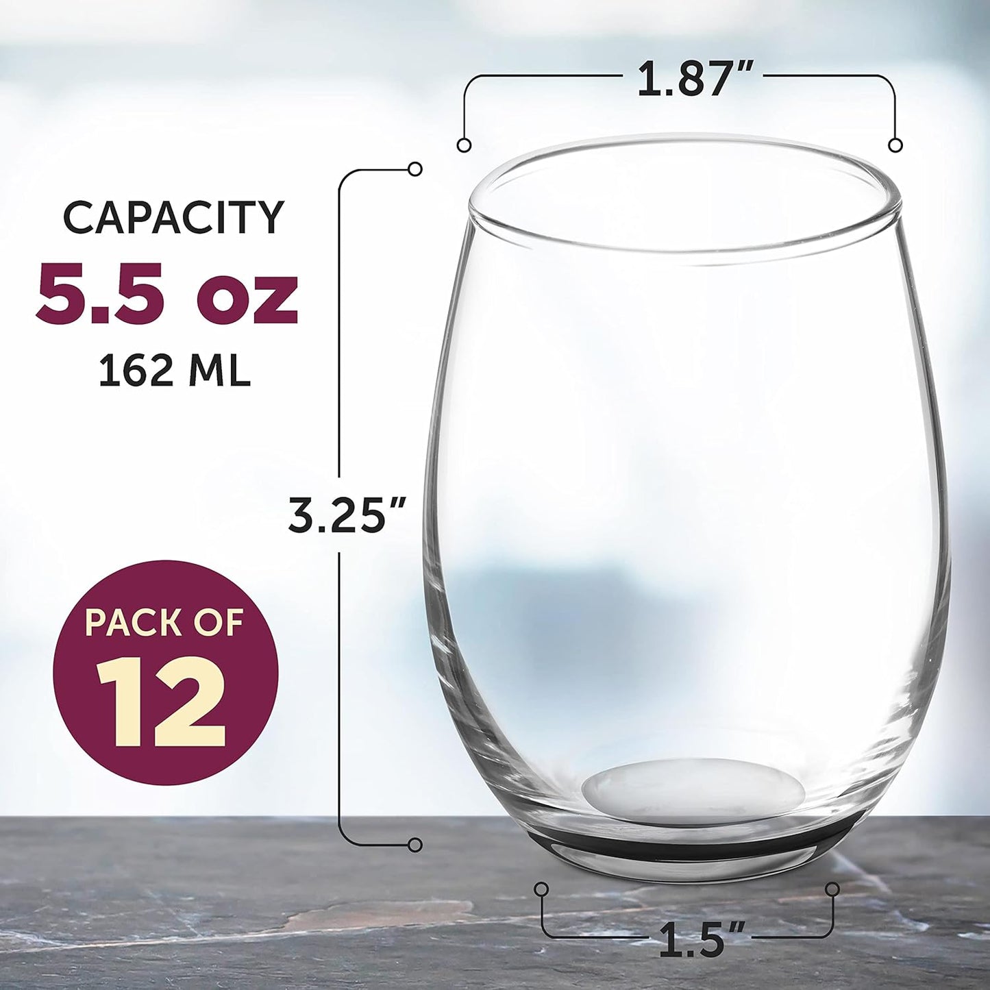DISCOUNT PROMOS Stemless Wine Glasses by ARC 5.5 oz. Set of 12, Bulk Pack - Perfect for Hotel, Bar, Restaurant or Lounge - Black