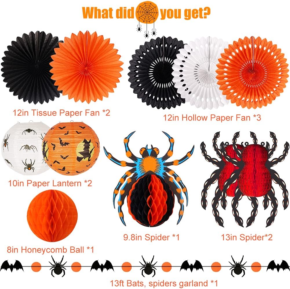 Halloween Party Decorations, Hanging Spider Bat Paper Lanterns Spiders Honeycomb for Halloween Home Decor Birthday Party Supplies Props (Orange, Black)