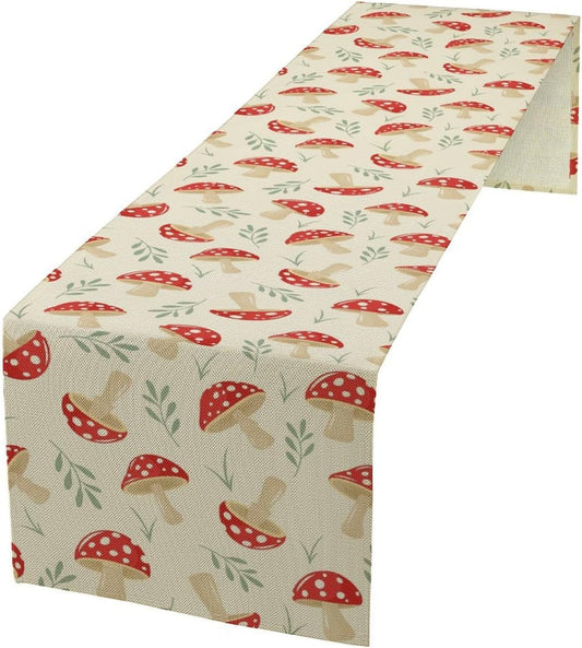 Mushroom Table Runner,Vintage Plant Print Table Runner for Kitchen Dining Table Home Party Decoration 13x60 Inch