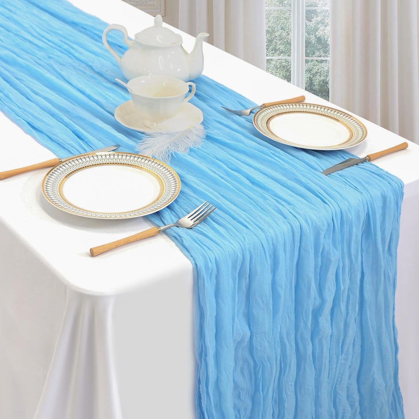 6 Pack Baby Blue Fall Table Runner 10ft Boho Gauze Fabric Cheesecloth Table Runner 35 x 120 Inch Rustic Sheer Runner for Romantic Wedding Decor Baby Shower Party Table Centerpiece Decorations