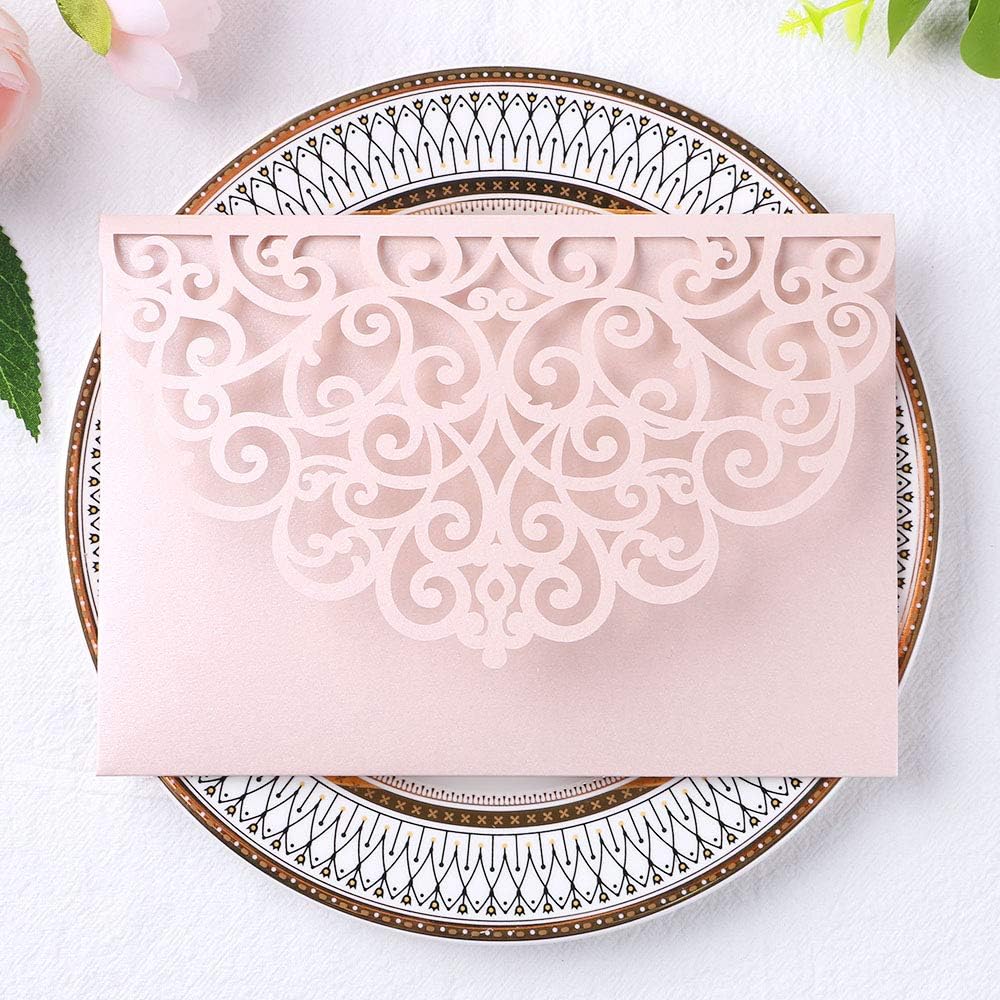 PONATIA 5.12 x 7.2 Inches 20PCS Tri-Fold Laser Cut Wedding Invitation Pocket with Envelopes for Wedding Bridal Shower Engagement Birthday Invite (Blush Pink, 20pcs No Inner Sheet)