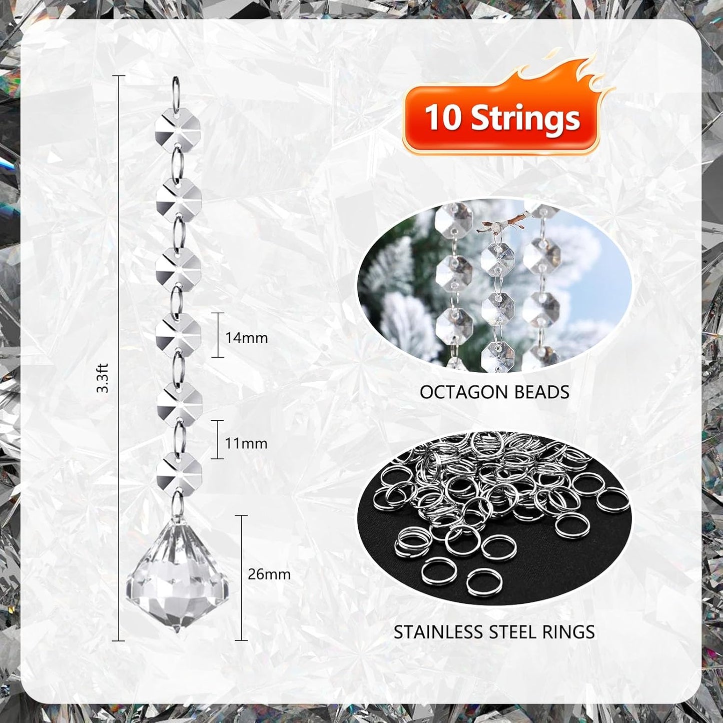 10 PCS Crystal Garland Strands, 33ft Hanging Crystal Strings for Window Curtains Doorway Decorations, Acrylic Clear Diamond Crystal Ornaments for Christmas Tree, Wedding Party Home Chandelier Decor