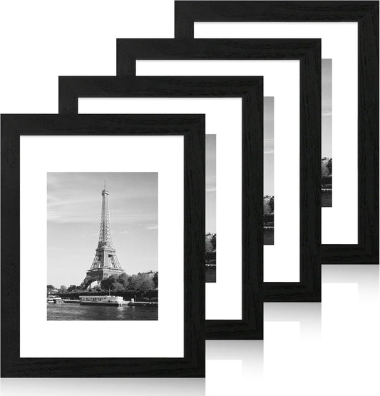9x12 Picture Frame Set of 4 with Tempered Glass, Black Frames Display 6x8 Picture with Mat or 9 x 12 Without Mat, Wood Photo Frames for Tabletop Display and Wall Mounting