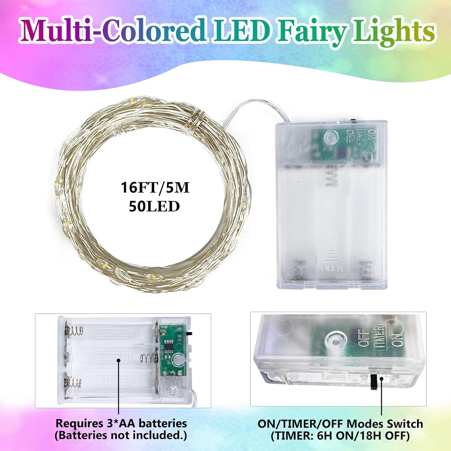 2-Pack Multicolor Fairy Lights Battery Operated with Timer, Waterproof 16FT 50 LED String Lights Outdoor Indoor, Twinkle Lights for Bedroom Wedding Birthday Christmas Parties Centerpiece (Multicolor)
