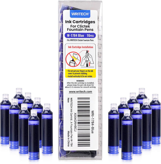 WRITECH Blue Ink Cartridge Set: 16 Ink Cartridges Clictek Fountain Pens