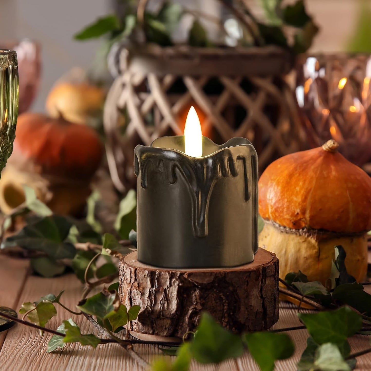 Eywamage Black Dripping Wax Flameless Candles with Timer Batteries, Realistic Flickering LED Votive Candles Set of 6