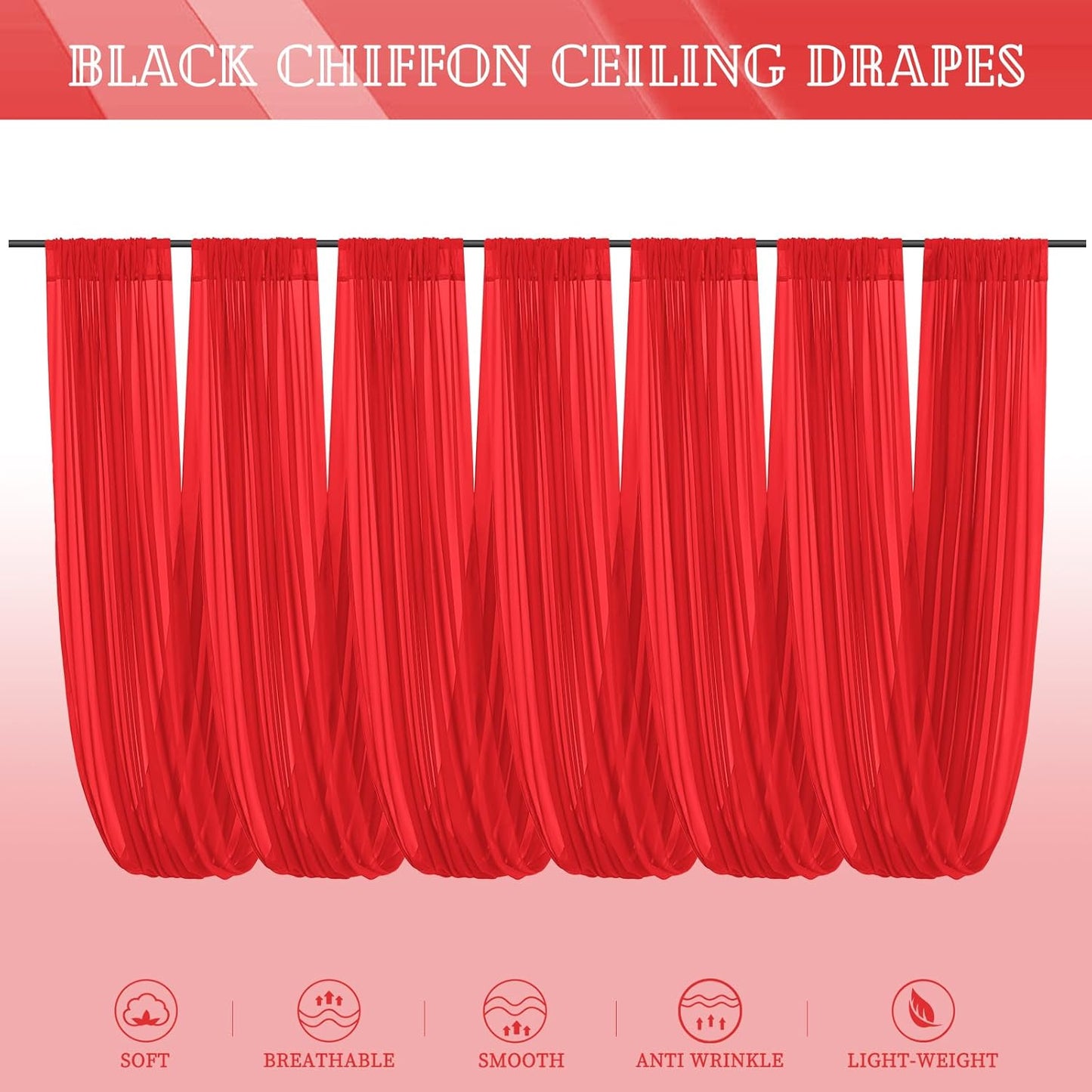 6 Panels Red Ceiling Drapes for Wedding 5ftx10ft Chiffon Fabric Arch Draping Curtains Sheer Drapery for Party Ceremony Birthday Baby Shower Reception Stage Swag Ceiling Decorations