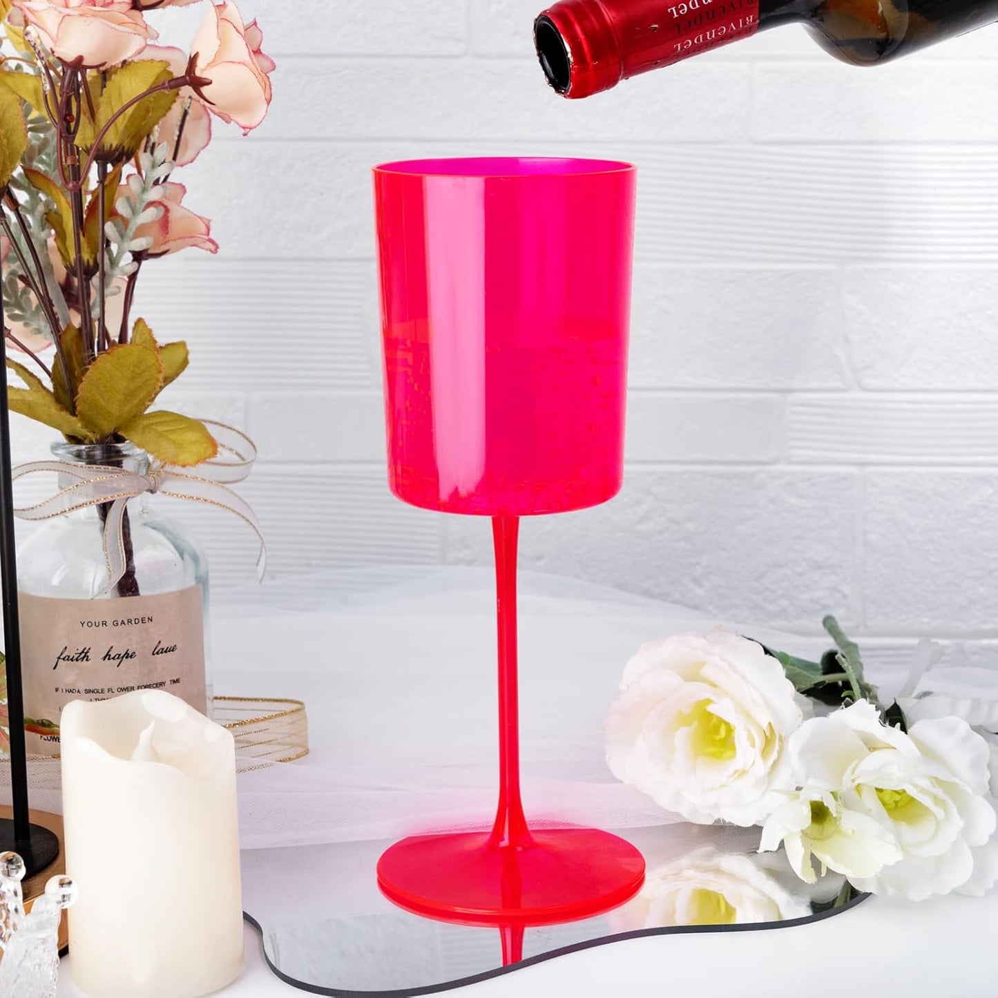 Ciaell 12 Pack Plastic Wine Glasses - 14Oz Hot Pink Plastic Wine Glasses With Stem - Disposable Stemmed Cups for Parties & Weddings