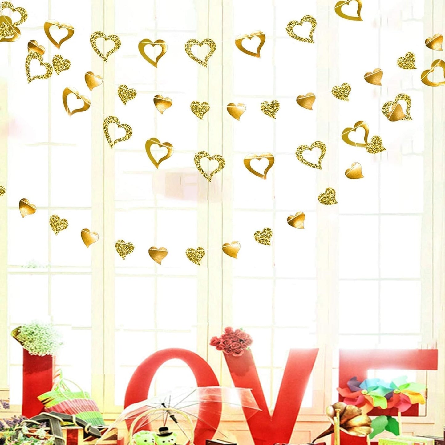 Cheerland Gold Heart Garland Romantic Decorations Paper Streamers Hanging for Mother’s Day Best Mom Tea Brunch Engagement Wedding Anniversary Bridal Shower Valentine Birthday Party Supplies 4pcs