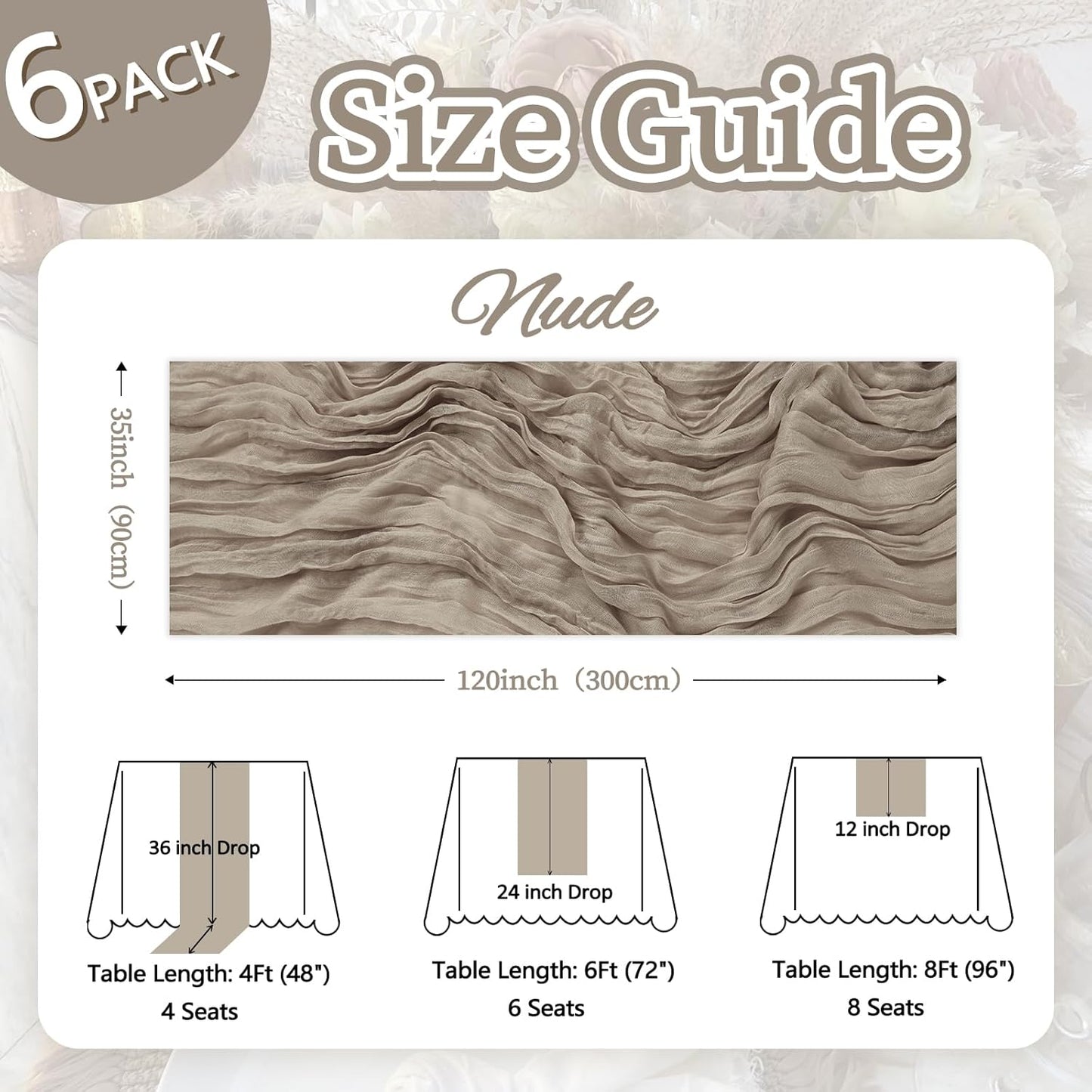 6 Pack Nude Cheesecloth Table Runner 10ft Boho Gauze Fabric Cheese Cloth Table Runner 35 x 120 Inch Rustic Sheer Runner for Romantic Wedding Decor Baby Shower Party Table Centerpiece Decoration