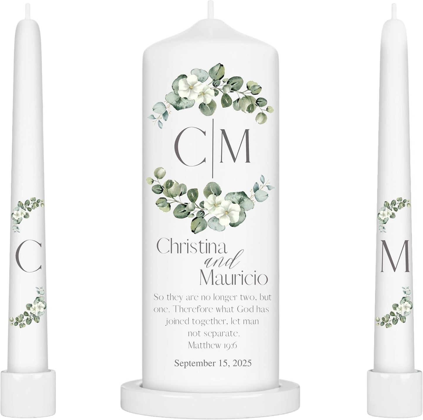 Unity Candles for Wedding, Modern Unity Set, Custom and Personalized Pillar and Taper Candles with Bible Quote, Unscented White Premium Wax, Religious and Wedding Ceremony, Special Events (Greenie)
