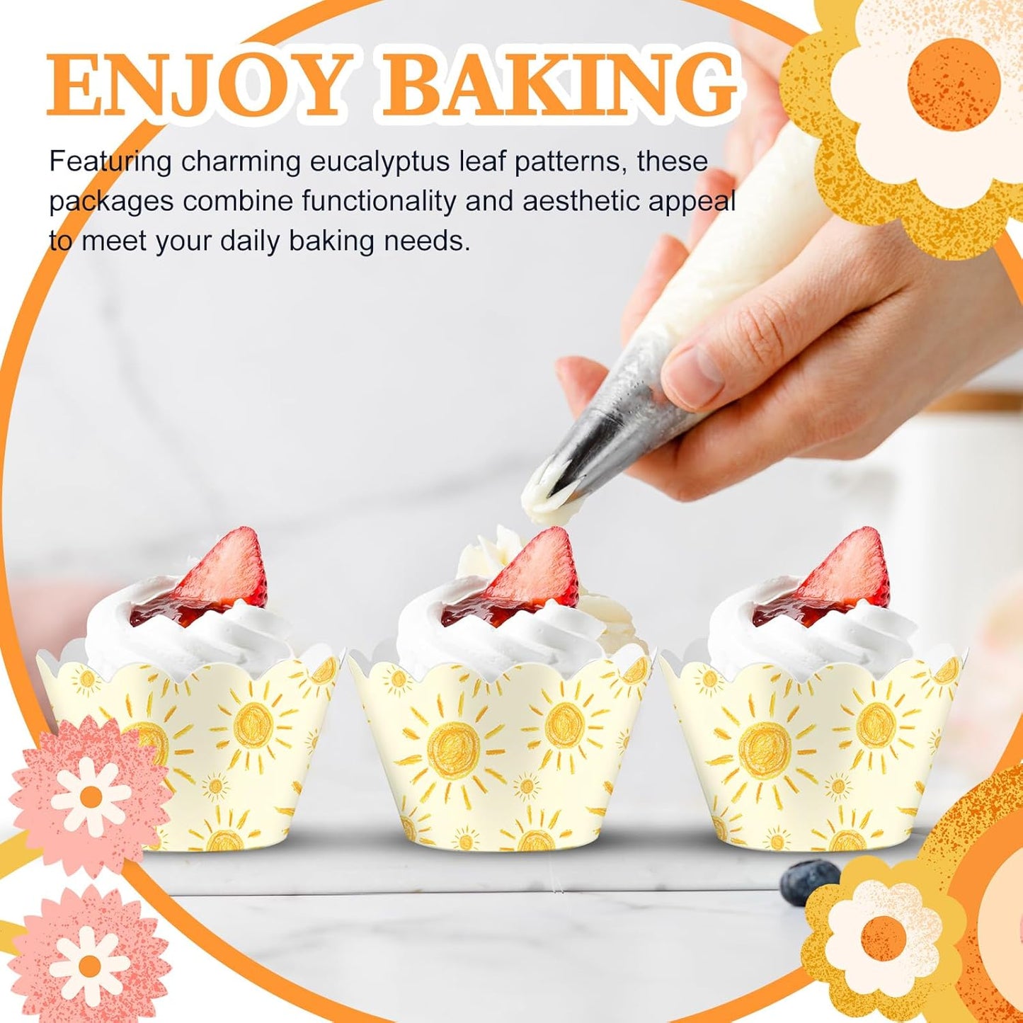 Domensi 100 Pcs Bohemian Sun Cupcake Wrappers Rustic Yellow Sunshine Cupcake Liners Baking Cups Baking Liners for Summer Picnic Wedding Bridal Baby Shower Birthday Party Supplies Dessert Decoration