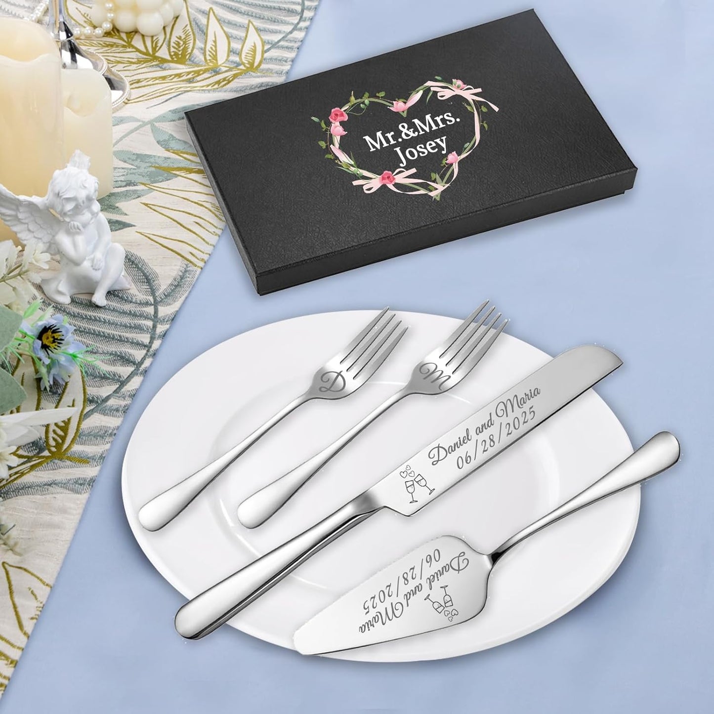 Personalized Wedding Cake Knife and Server Set, Custom Names Cake Cutting Set with Stainless Steel Forks, Customized Bridal Anniversary Birthday Wedding Registry Gifts (Silver)