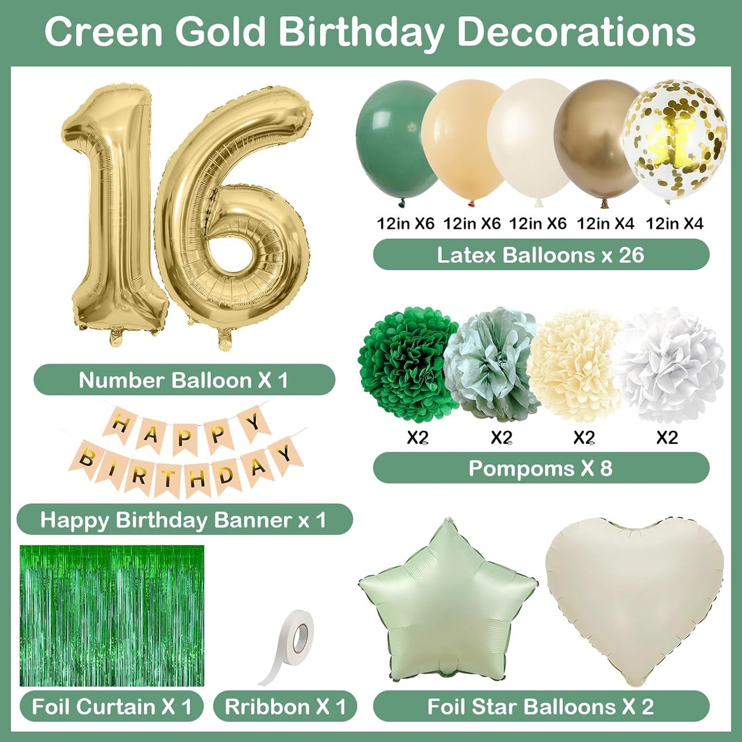 Sage Green 16th Birthday Decorations for Boys Girls Gold Number 16 Balloon Nude Gold Happy Birthday Banner Fringe Curtain Paper Pom Poms Olive Green Cream White Sand Star Foil Balloons Party Decor