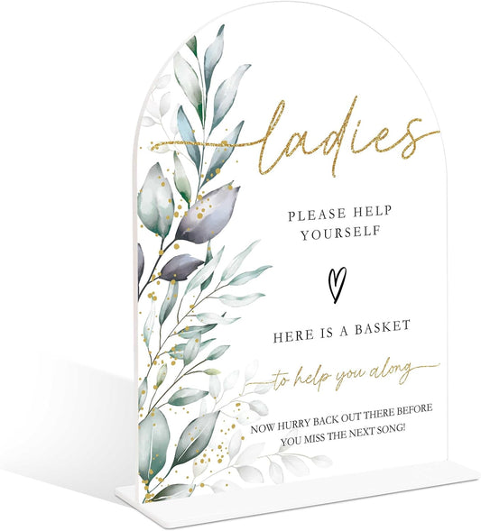 Acrylic Wedding Signs, Greenery Theme Ladies Please Help Yourself Sign, Bridal Shower Table Decor with Stand, Wedding Bathroom Basket Supplies for Engagement, Anniversary, Newlywed Event and Party, 07
