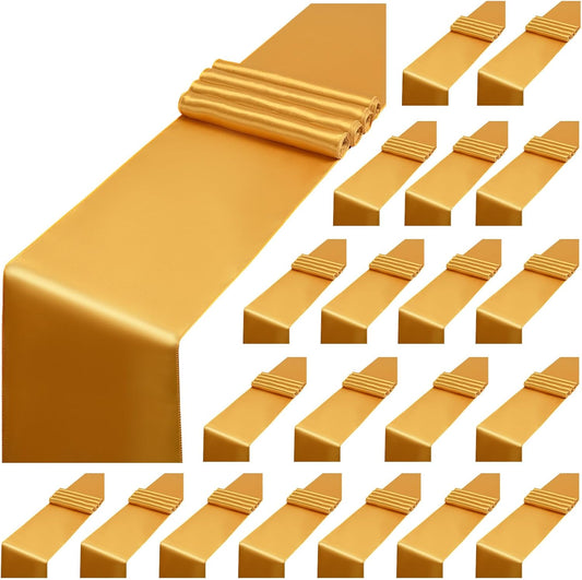 20 Pack Gold Satin Table Runner,12 x 108 inch Long Premium Smooth Gold Table Runners for Wedding, Banquets, Birthday, Party, Engagements,Table Runners fit Rectangle and Round Table
