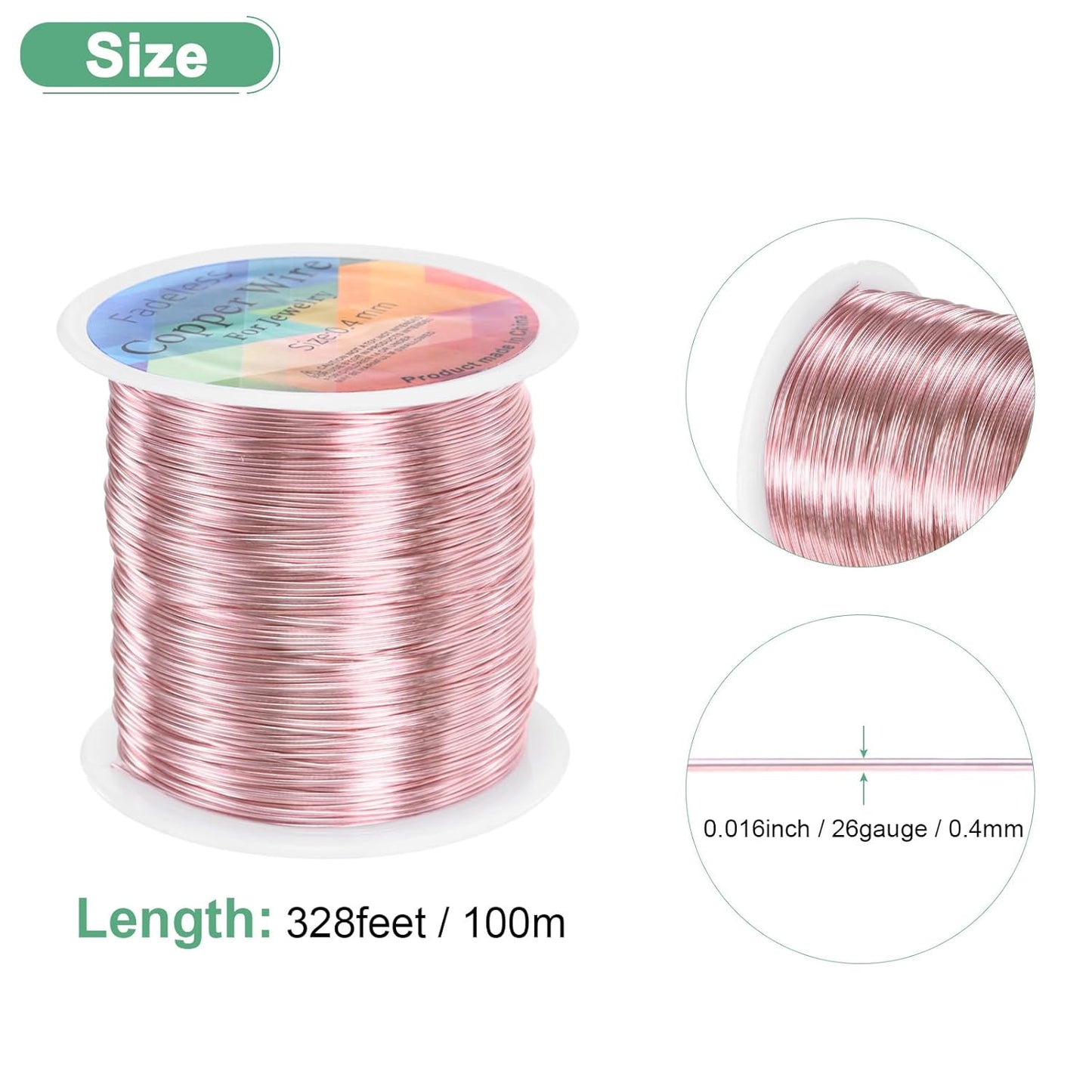 0.4mm Jewelry Wire, 26 Gauge 328FT Craft Wire Copper Beading Wire for Jewelry Making/Planting/Weaving/DIY Crafting, Soft Metal Wires [100M, Rose Golden]