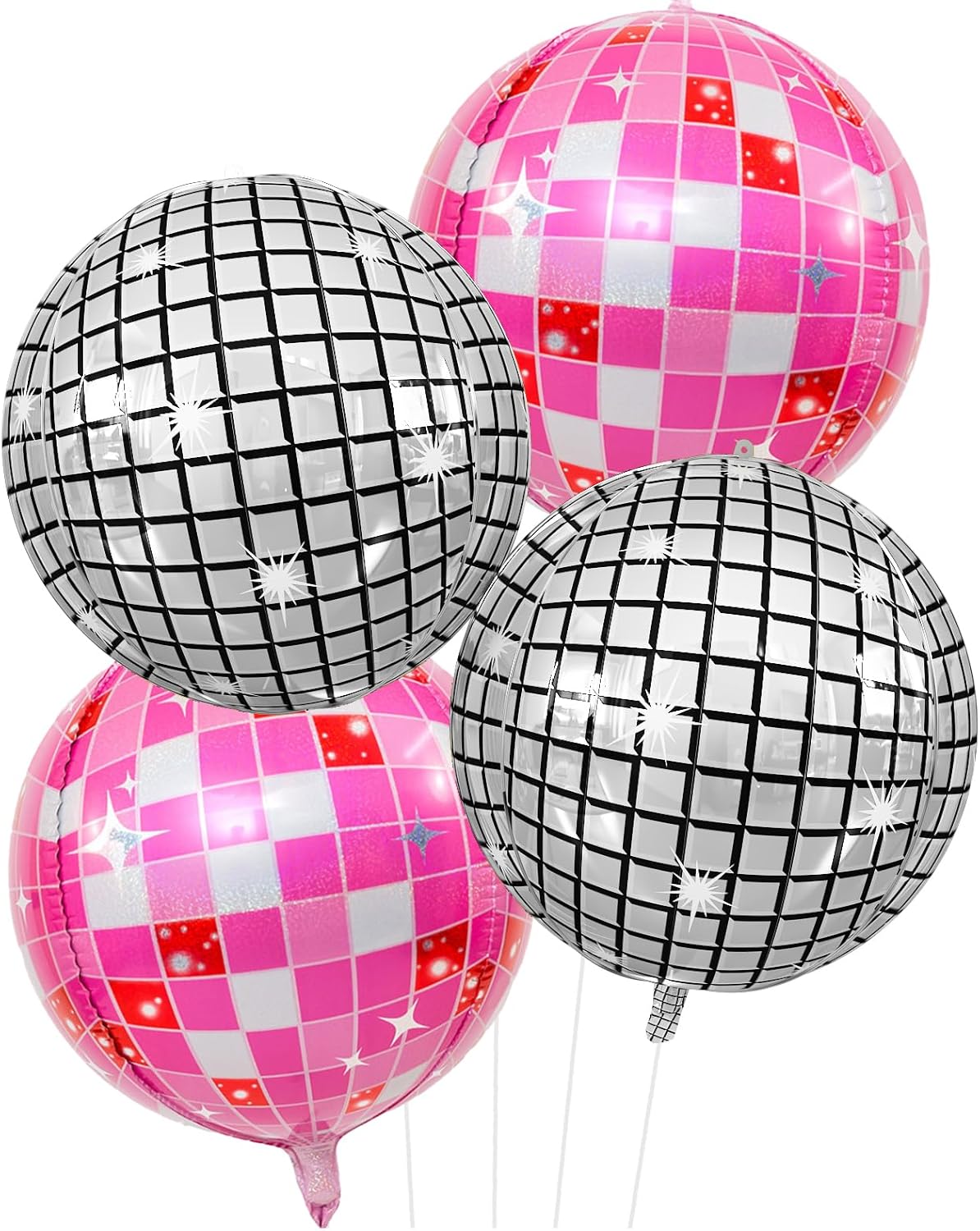 Disco Ball Balloons Pink Silver 4PC,Foil Disco Balloons 22 Inch 4D Round Pink Silver Balloon for 70s 80s Birthday Bachelorette Graduation Decorations
