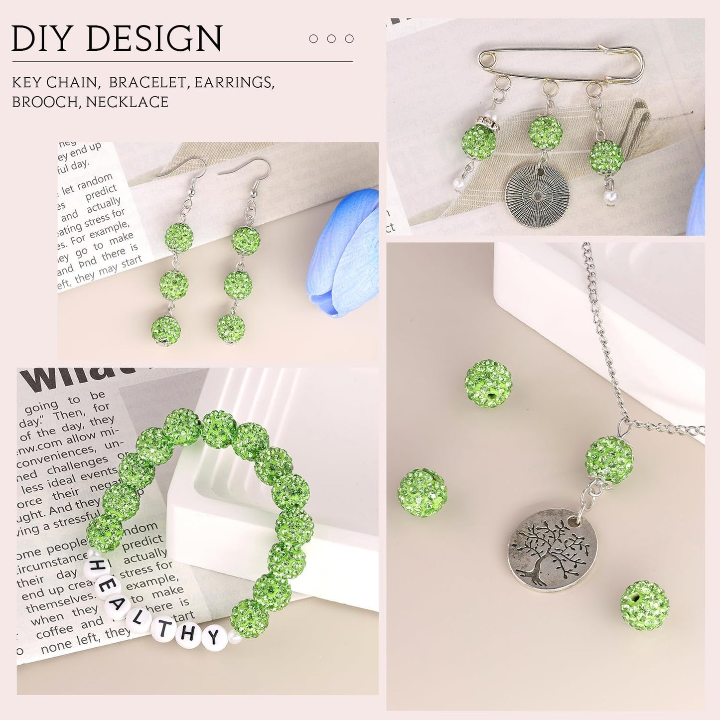 200pcs 10mm Light Green Rhinestone Beads for Jewelry Making, Shiny Round Shamballa Disco Ball Beads, Sparkle Crystal Clay Christmas for Bracelet Baseball Necklace Earring Crafting and DIY