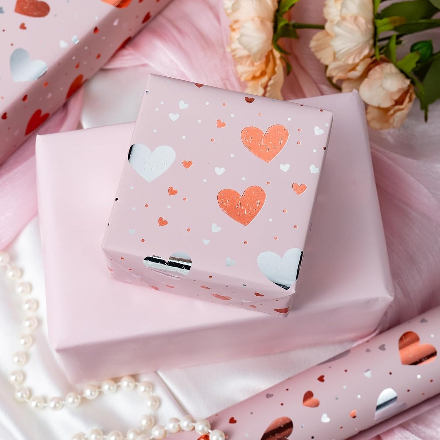 Burymento Gold Foil Heart Wrapping Paper, Reversible Pink Gift Wrap for Birthday, Valentines, Mothers day, Graduation, Wedding, Fathers day, Baby Shower, Christmas (17in x 32.8ft)