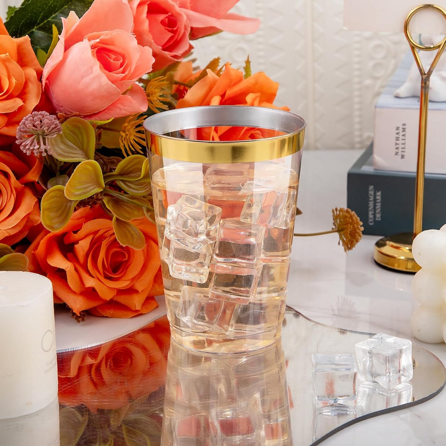 I00000 200 Pack 12 oz Gold Plastic Cups, Clear Disposable Cups, Disposable Plastic Wine Glasses Cocktail Glasses Premium Cups with Gold Rim, 12 Ounce Tumblers for Party & Wedding