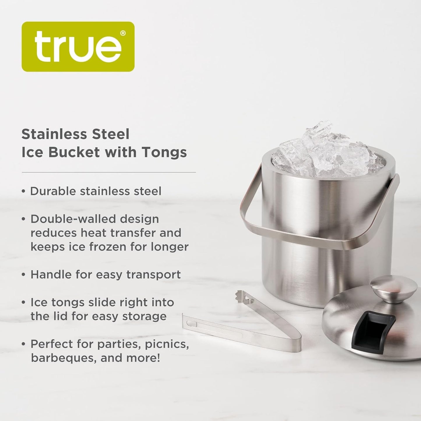 True Stainless Steel Ice Buckets for Parties with Lid, 1.3L Capacity Double Wall Ice Bucket with Tongs, Insulated Ice Bucket for Cocktail Bar, Set of 1