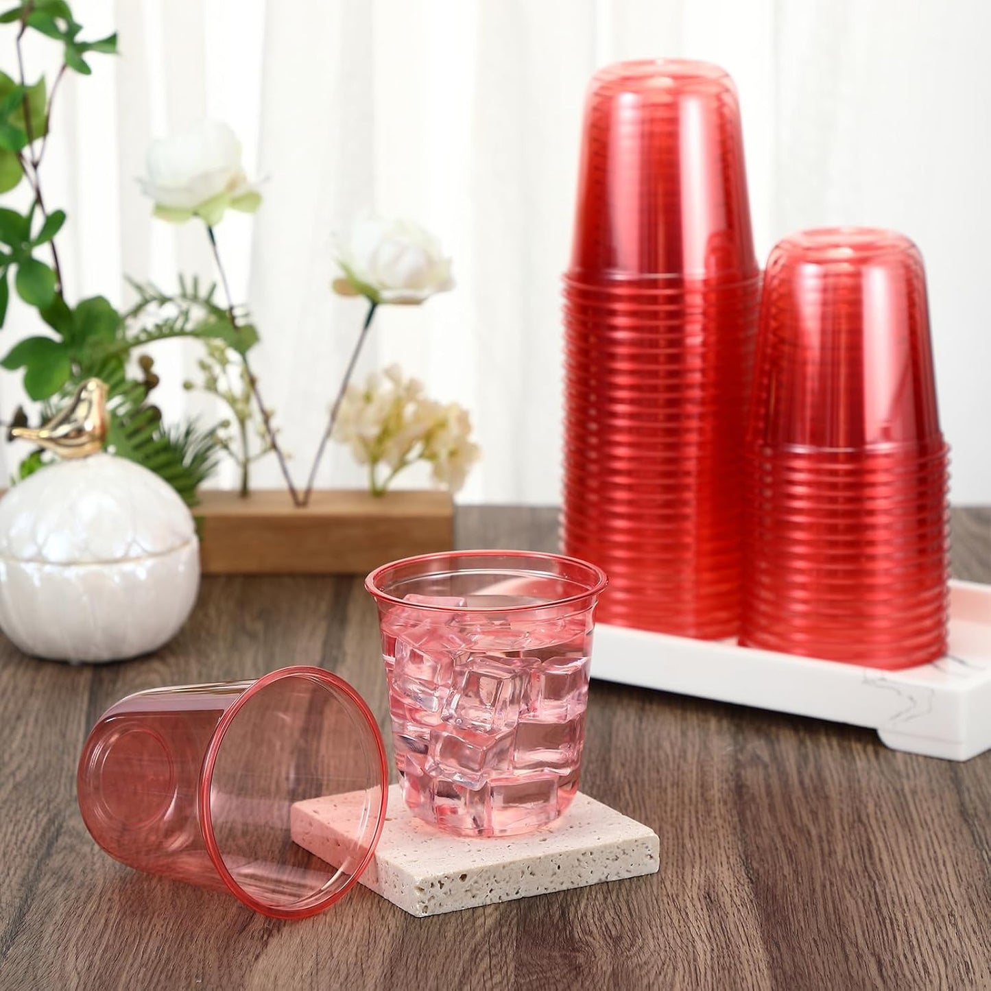 50pcs Disposable Stemless Glasses 12oz Crystal Plastic Wine Glasses Clear Classic Pet Cup for Meeting Weddings Birthdays Cocktail Christmas Party Supplies (Red)