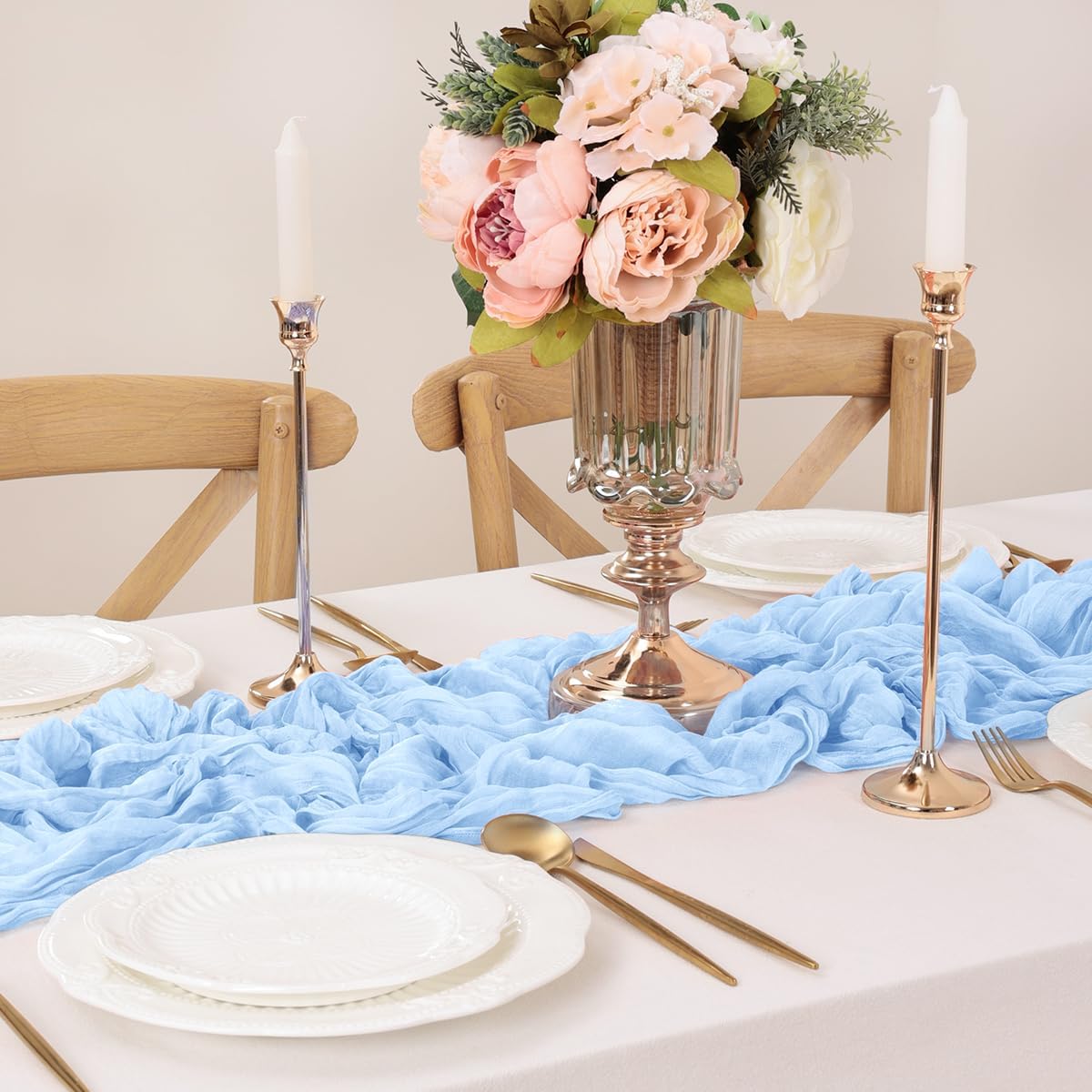 Light Blue Table Runner Cheesecloth Table Runner 10FT Farmhouse Table Runners 120 Inches Fall Table Decor Dining Room Centerpiece Wedding Boho Baby Shower Birthday