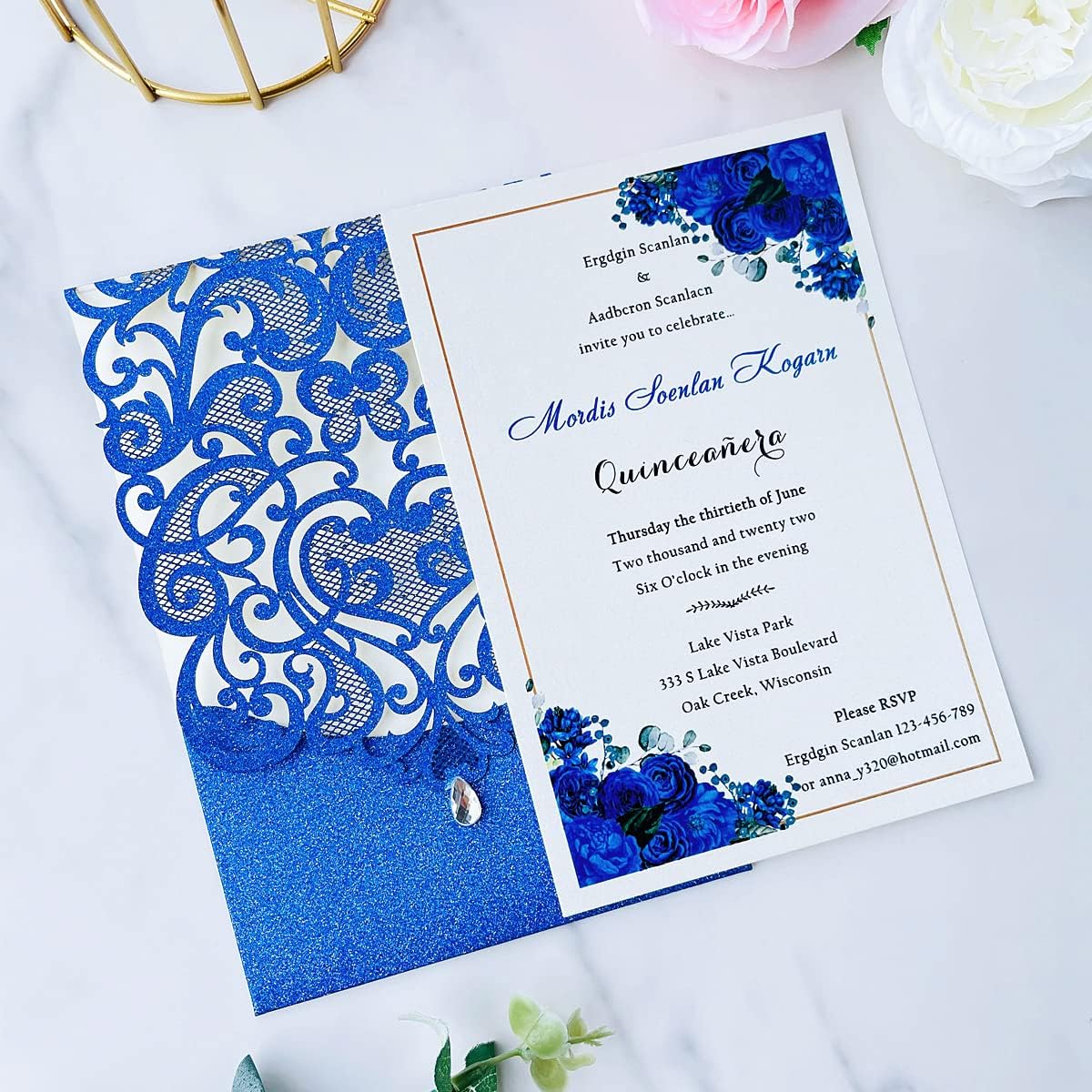 Hosmsua 50pcs Personalized Wedding Invitation Kit 5.12 x 7.3 Inch Royal Blue Laser Cut Flora Rehearsal Wedding Invitations with Envelopes for Quinceañera Bridal Shower Invite