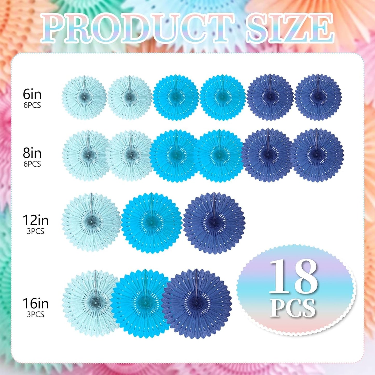 18 Pcs Blue Kit Hanging Honeycomb Paper Fans, Round Paper Fan Decorations for Weddings, Birthdays, Bachelorette, Photo Booth Backdrops, Baby Shower, Anniversary Events Party Supplies