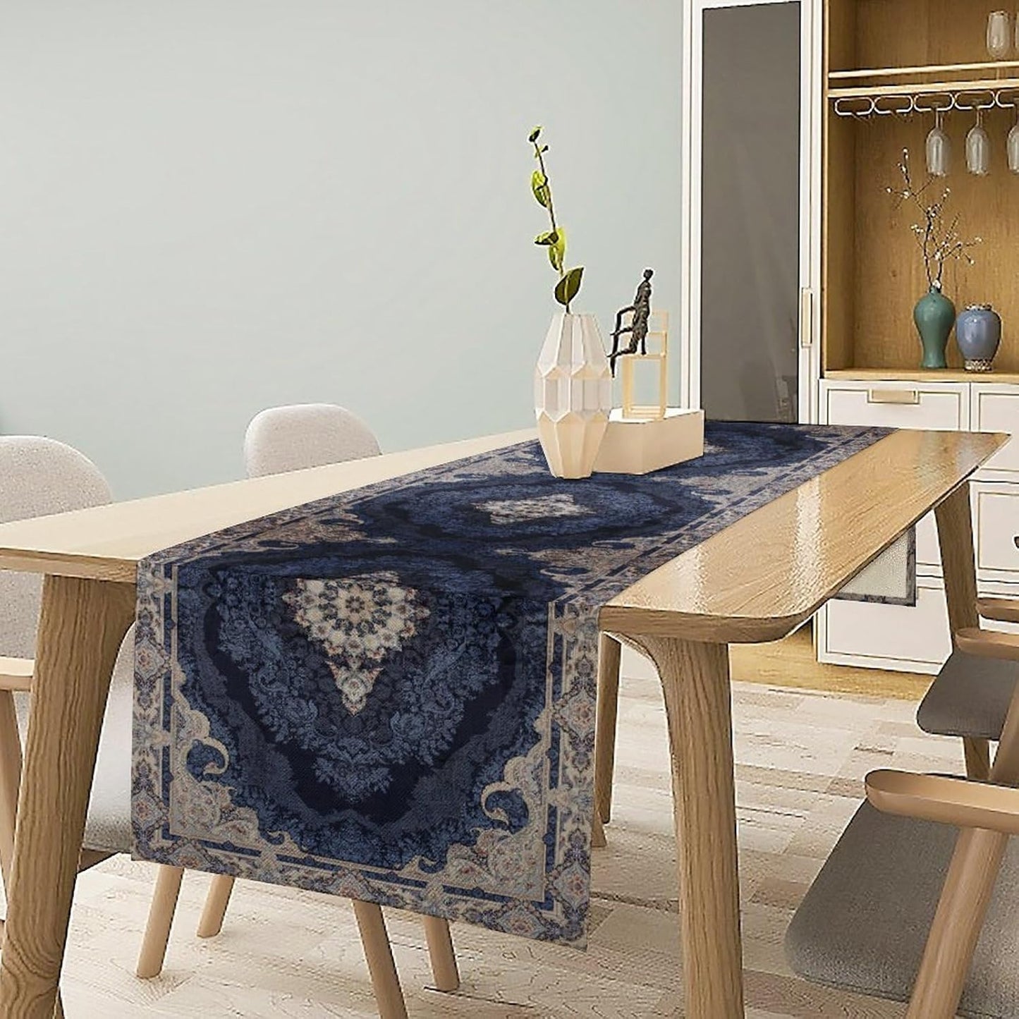 Vintage Boho Floral Table Runner, Rustic Country Farmhouse Dark Blue Grey Retro Flower Pattern for Home Kitchen Table Decor Dining Coffee Room Party Decor 13x120in