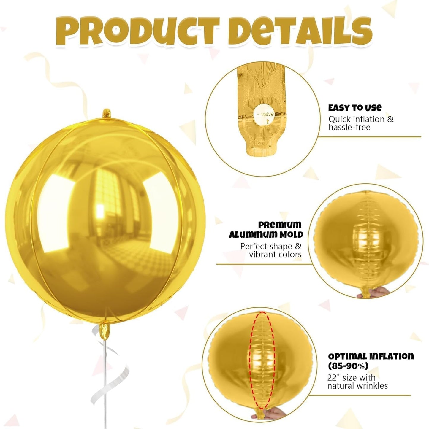 Giant 4D Foil Balloons, 6Pcs Large Metallic Black Gold Silver Round Balloons, 22 Inch Big Round Foil Balloon for Graduation Decorations Class Of 2025, Birthday Party Baby Shower Decoration