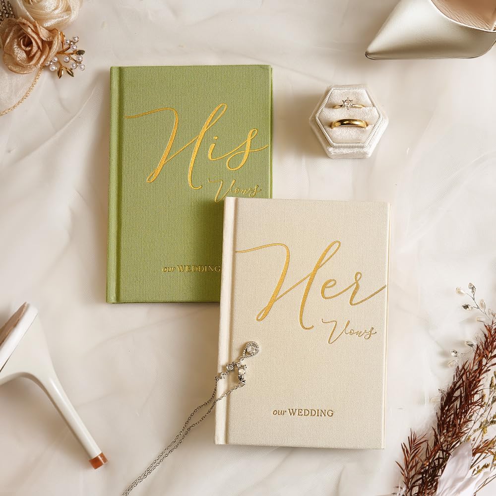 Vow Books His and Hers 2 Pack - 6 x 4 Inch Linen Hardcover Wedding Vow Books with Gold Foil Lettering & Bookmark, Wedding Ceremony Keepsake for Bride and Groom-His and Her Engagement Gift, 48 Pages