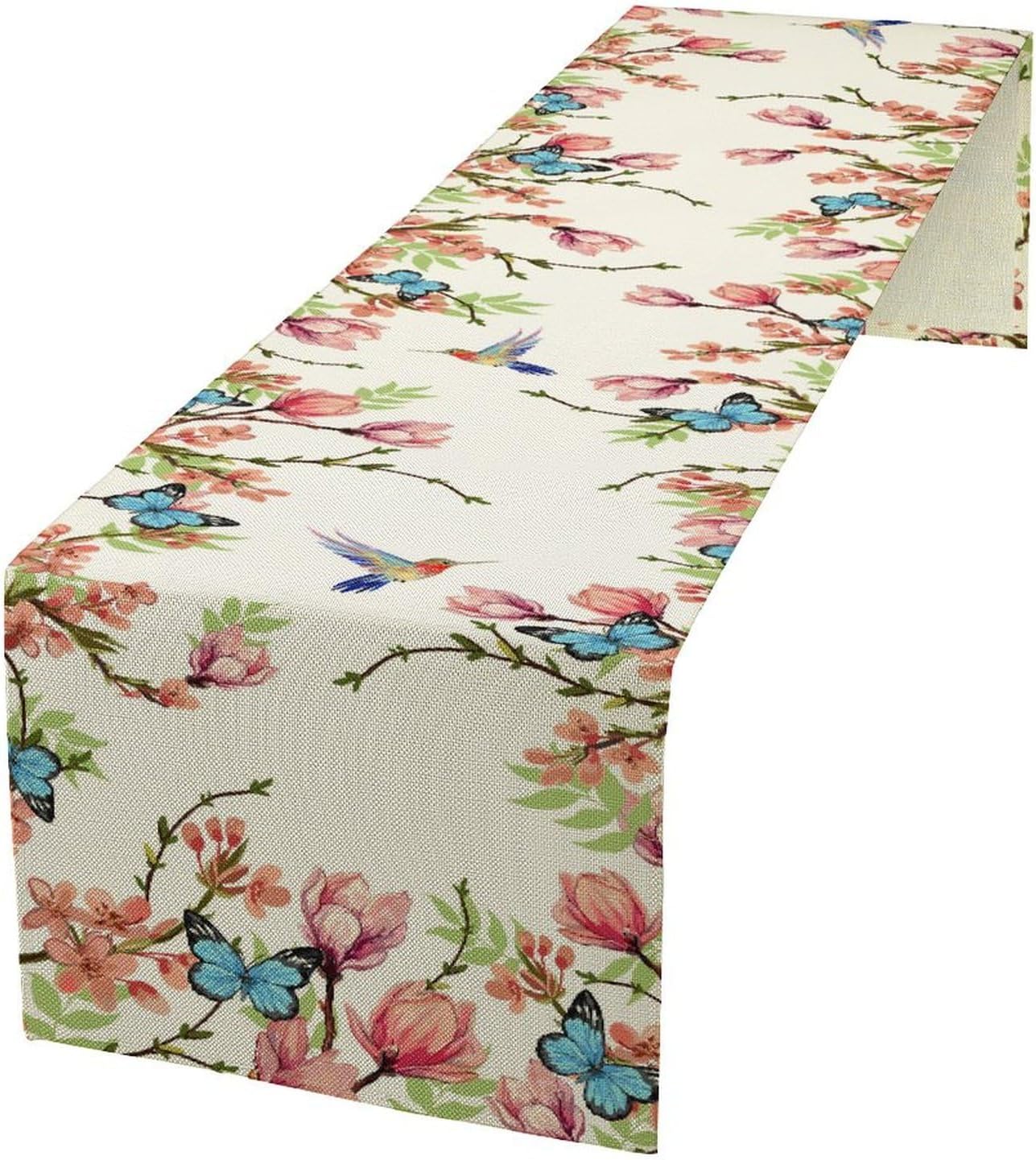 Floral Butterfly Table Runner Seasonal Spring Flower Bird Table Decoration Table Runner for Home Party Decoration 13x120 Inch