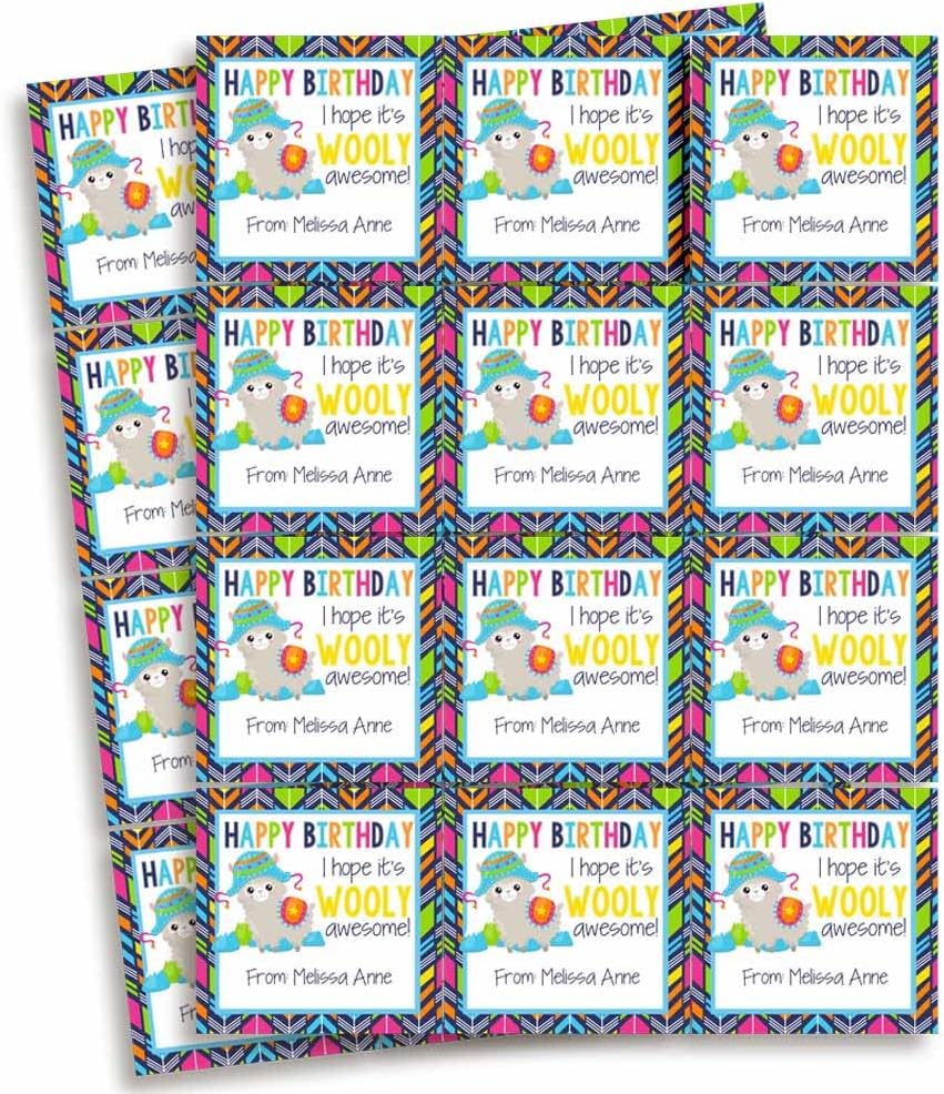Custom & Personalized Wooly Awesome Alpaca Happy Birthday Gift Tag Sticker Labels, 24 2.5" Square Stickers by Amanda Creation