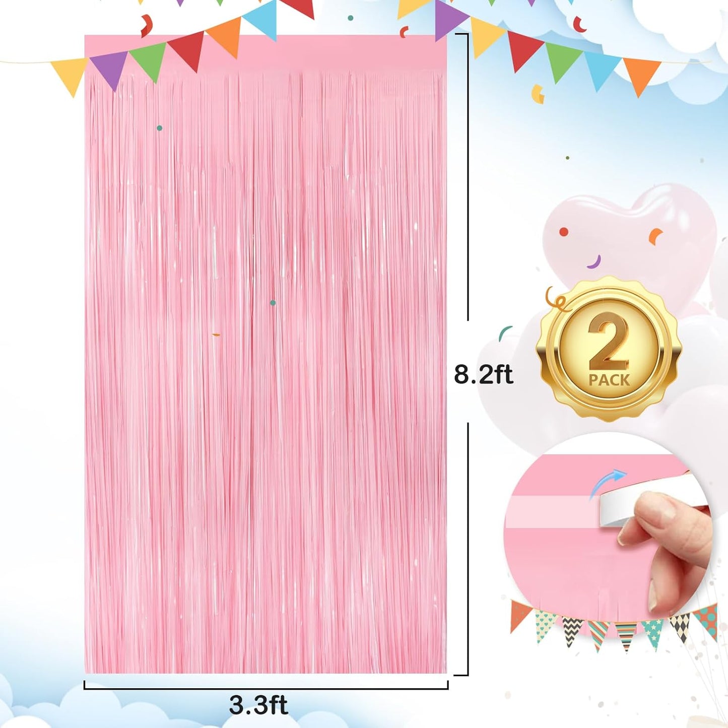 2Pack Pastel Pink Metallic Tinsel Foil Fringe Curtains, 3.3 X 8.3ft Pink Party Streamers Backdrop Curtains for Birthday Party Decorations, Halloween Decor, Foil Curtain Backdrop for Bachelorette Party