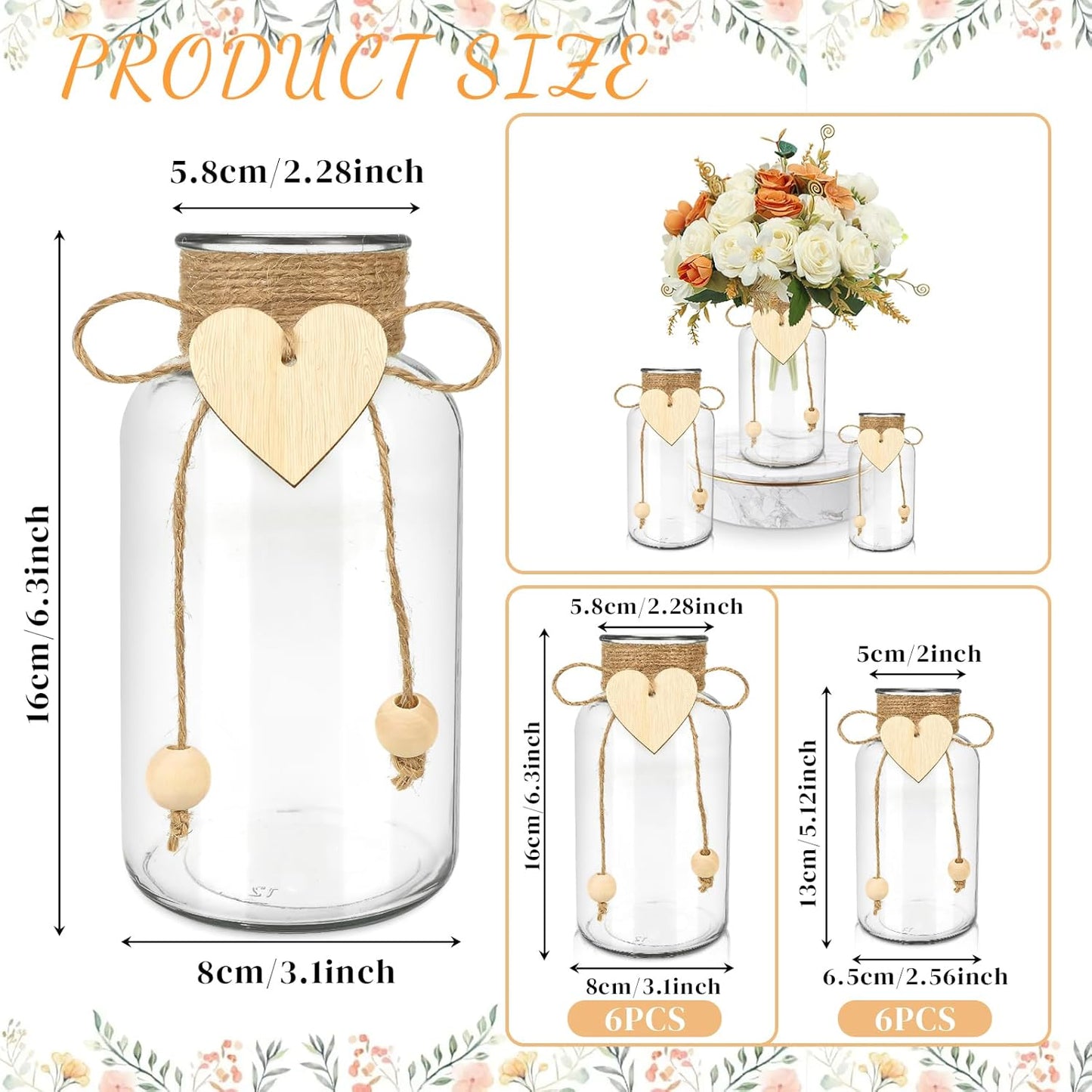 Vintage Glass Vases for Flowers, Set of 6 Mason Jar Vase Table Centerpieces for Farmhouse Room Decor, Wedding, Bridal Shower Bud Vase Set (Medium)