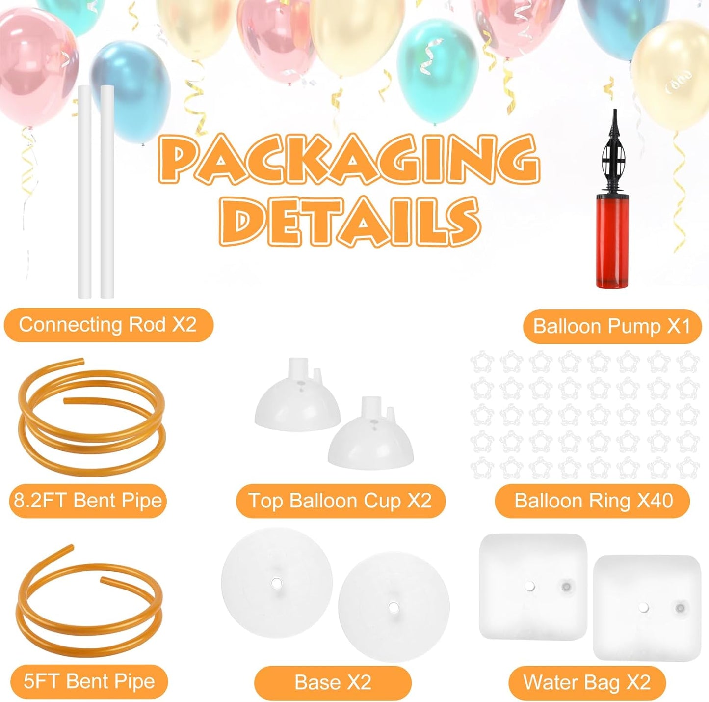 Balloon Arch Stand Kit 8.2ft and 5ft, Heavy Duty Base with Water Filling Bag, Bendable Half Arch Balloon Gold Frame - Suitable for Birthdays, Holiday Decorations and Other Indoor and Outdoor Parties.