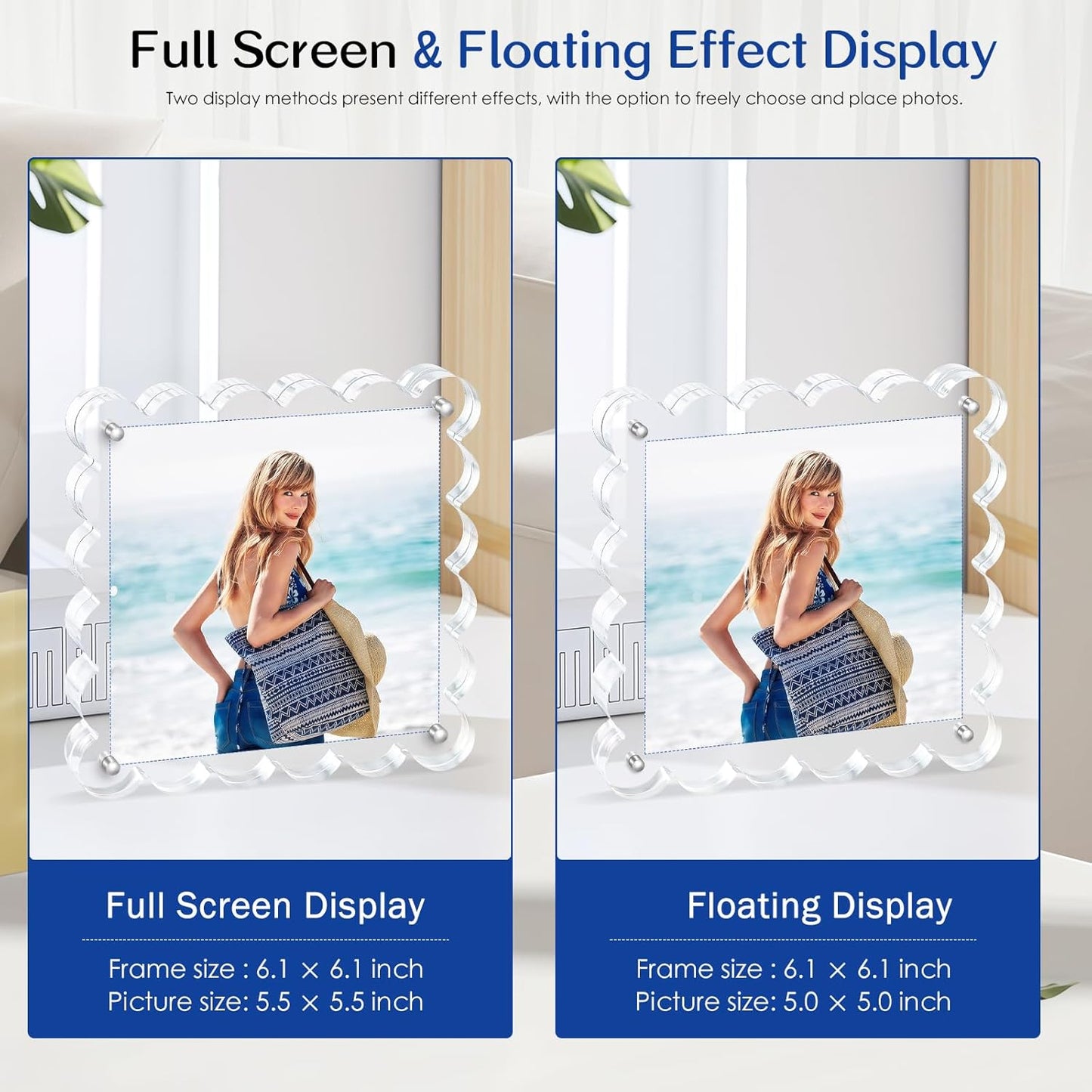 Acrylic Picture Frames .5×5inch 2Pack - Double-Sided Scalloped Photo Frame, 20mm Ultra-Clear Block, Modern Desktop Display for Home/Office Decor (2 Pack, 5X5)