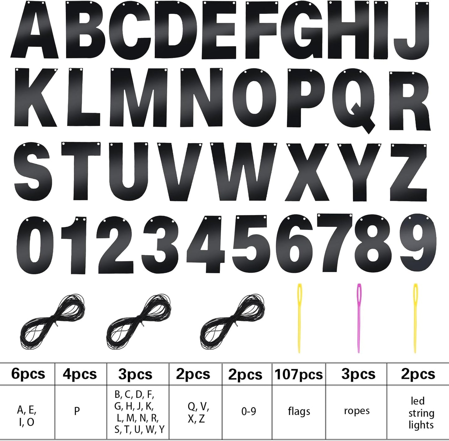 TaoBary 112 Pcs DIY Letter Custom Banner Glitter Customizable Banner Kit Including 107 Letters and Numbers 3 Rope for Valentine Birthday Party(Bright Black)
