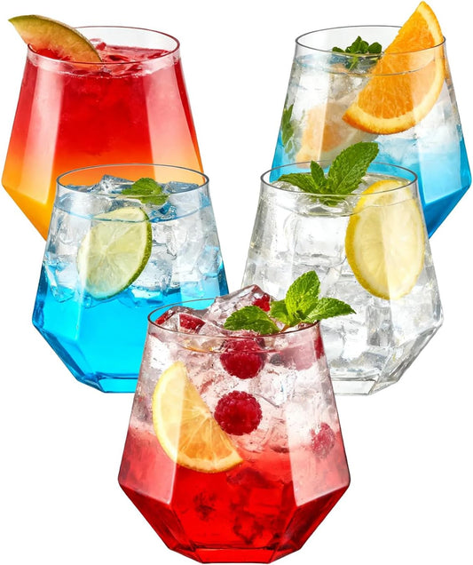 40 PCS Clear 12 Oz Plastic Wine Whiskey Glasses, Diamond Stemless Unbreakable Disposable Wine Glasses for Parties, Ideal for Weddings, Christmas, Halloween,Holidays,pool party,Daily Use